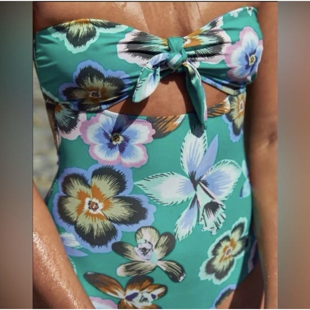 Aerie floral fun blue green front tie cut out one piece swimsuit size L
